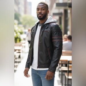 Buckle Black & Brown Moto/Bomber Faux Leather Jacket. Lined/Insulated. Small NWT